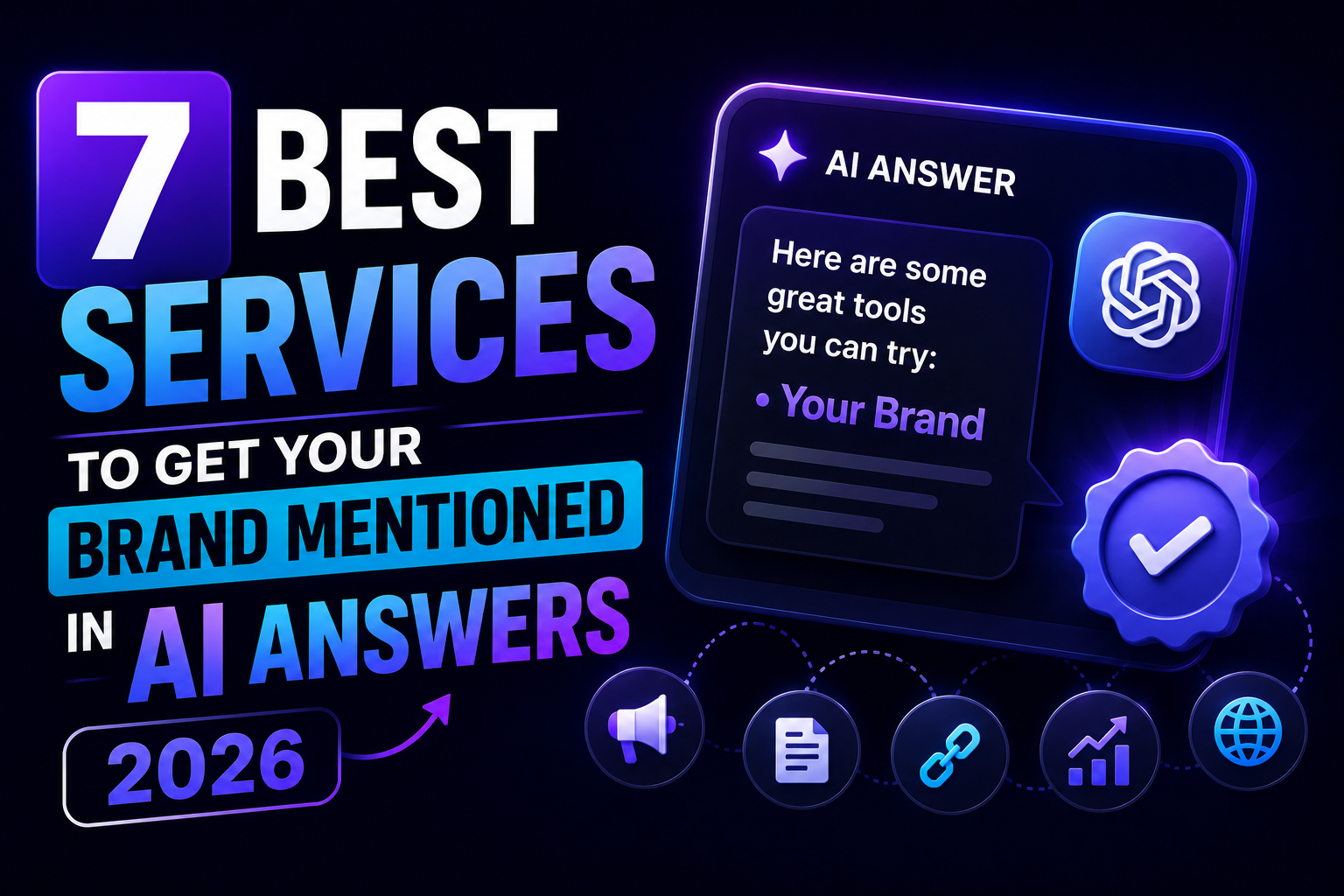 Thumbnail: best services to get your brand mentioned in AI answers in 2026, geometric motif on dark purple background.
