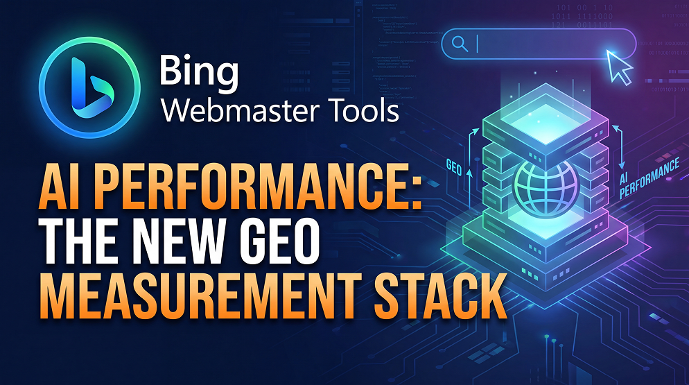 Thumbnail: Bing Webmaster AI performance for GEO — analytics chart motif on dark purple background.