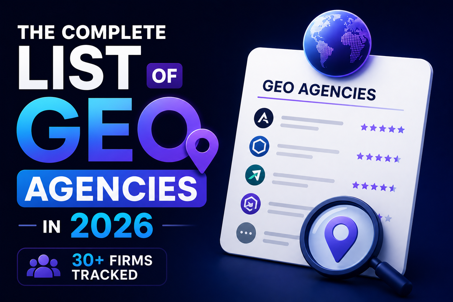 Thumbnail: complete directory of GEO agencies in 2026, geometric grid motif on dark purple background.
