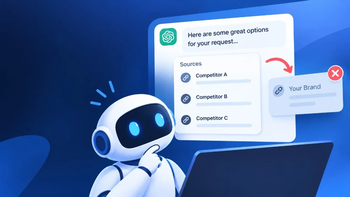 Robot viewing an AI answer that lists competitor sources while Your Brand is marked as not recommended.