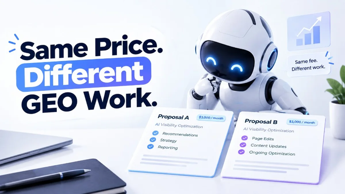 Robot comparing two GEO proposals at the same monthly fee, one for recommendations and one for page edits.