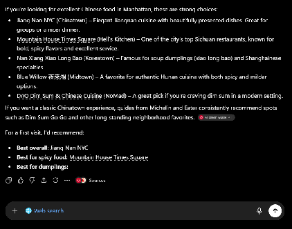 ChatGPT text response listing recommended Chinese restaurants in Manhattan, categorized by best overall, best for spicy food, and best for dumplings.