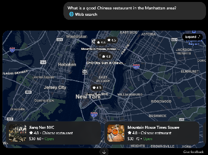 ChatGPT UI displaying an interactive map with pins and ratings for Chinese restaurants in the Manhattan area, highlighting cards for Jiang Nan NYC and Mountain House Times Square.