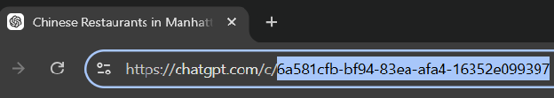 Web browser address bar highlighting the unique alphanumeric conversation ID string within a ChatGPT URL.
