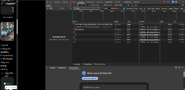 Chrome Developer Tools opened to the Network tab alongside a ChatGPT conversation, showing a list of pending fetch network requests.