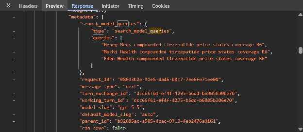 Chrome Developer Tools Response tab demonstrating query disambiguation, where a complex prompt is broken down into three distinct JSON search queries targeting specific telehealth providers.