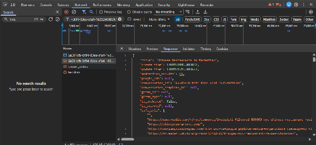 Chrome Developer Tools Response tab showing a raw JSON payload from ChatGPT, displaying metadata fields like title, conversation ID, and an array of safe URLs.