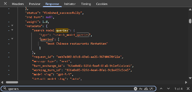Chrome Developer Tools Response tab highlighting the search_model_queries JSON array, revealing the underlying search phrase best Chinese restaurants Manhattan executed by the AI.