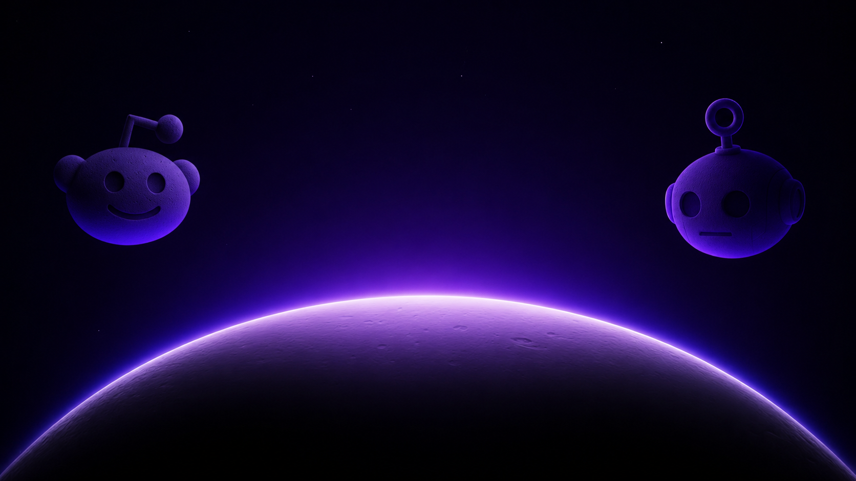 Reddit and AI robot silhouettes above a glowing purple planet horizon