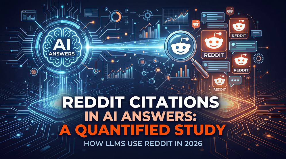 Thumbnail: Reddit citations in AI answers 2026 study — abstract community orbits on dark purple background.