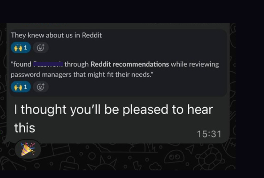 Client message confirming brand discovery through Reddit recommendations