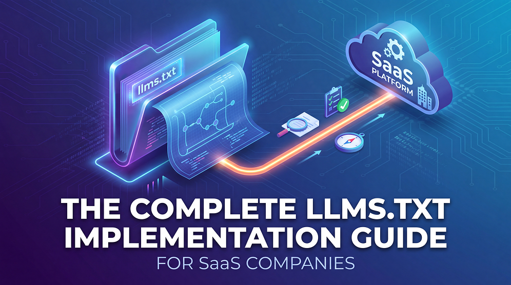 Thumbnail: llms.txt implementation for SaaS — document lines motif on dark purple background.